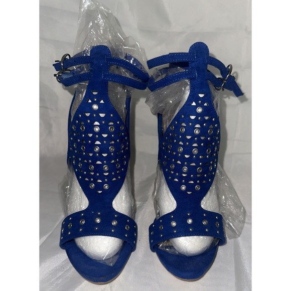 Just Fab Women's Size 8.5 Platform Stiletto 5in Heels Blue Silver Design Straps - Picture 12 of 16